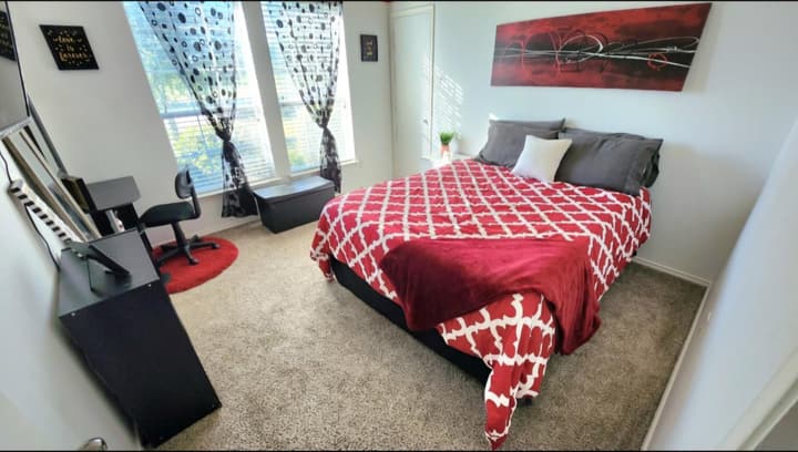 Comfortable Queen Bedroom with workspace